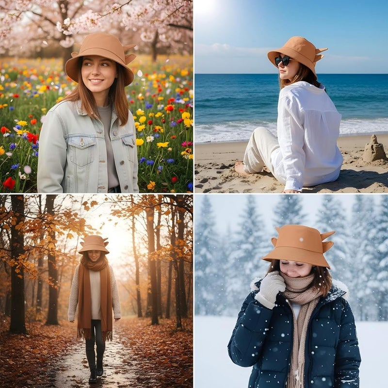 QANQIUPLE Cow Print Bucket Hat with Cute Horn Ears Cow Print Summer Beach Sun Hat Fisherman's Cow Bucket Hat - Image 2